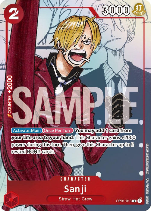 Sanji (Alternate Art) [One Piece Promotion Cards] by Bandai with a red border. The card has a power of 3000, counter of +2000, and is part of the Straw Hat Crew. Sanji, a blond-haired character in a suit, is pictured shouting angrily. The card has activation details and is marked "SAMPLE" in large letters across it.