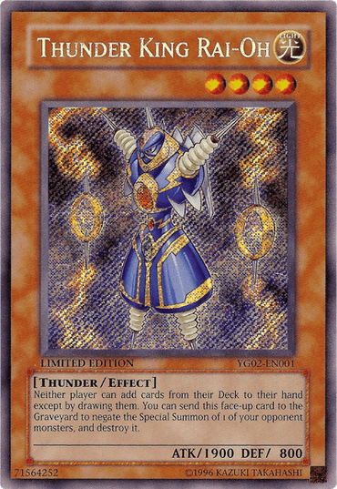 Image of "Thunder King Rai-Oh [YG02-EN001] Secret Rare," a Yu-Gi-Oh! trading card. This GX Manga Promotional Card features a blue-armored Effect Monster wielding a lightning bolt against a background of yellow lightning. It prevents players from adding cards to their hand except by drawing and negates Special Summons. ATK/1900 DEF/800.