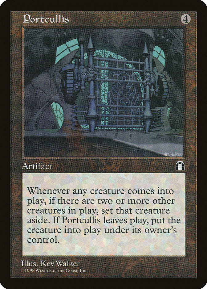 Portcullis,” an artifact card from Magic: The Gathering's Stronghold set, features a grand portcullis sealing a tunnel. With a casting cost of 4, it exiles creatures entering play. The artwork by Kev Walker beautifully captures the imposing elegance of this mystical barricade.