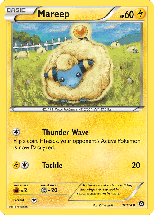A Pokémon Mareep (38/114) [XY: Steam Siege] featuring Mareep against a field background. Mareep, a sheep-like Pokémon with blue skin and fluffy wool, is depicted in the center. With 60 HP and moves like Thunder Wave and Tackle, the card details its weakness, resistance, retreat cost, and a short description of Mareep.