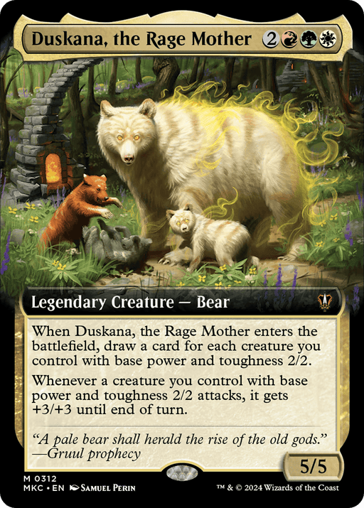 The image features a Magic: The Gathering card named "Duskana, the Rage Mother (Extended Art) [Murders at Karlov Manor Commander]." It depicts a large white bear and two cubs in a forest clearing with a waterfall. This legendary creature boasts casting cost symbols for white, red, green, and black mana, with power and toughness at 5/5.