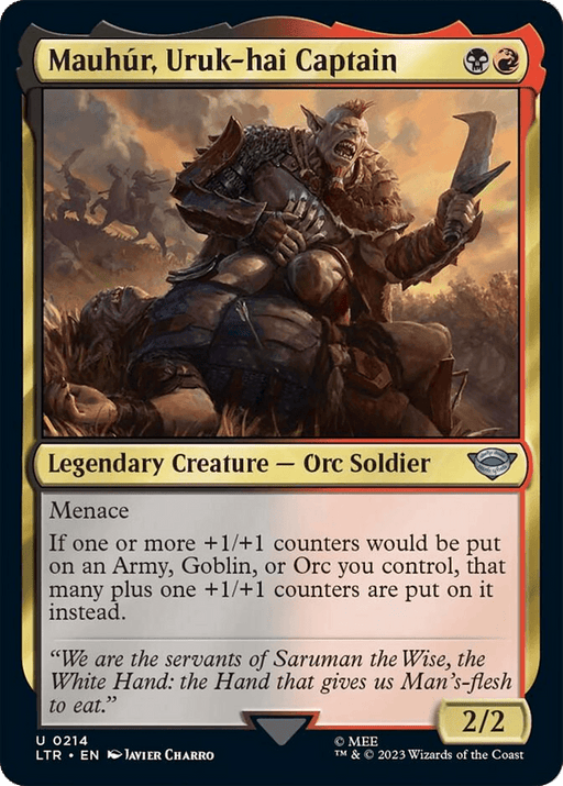 An illustration of Mauhur, Uruk-hai Captain [The Lord of the Rings: Tales of Middle-Earth] from Magic: The Gathering. This imposing orc soldier wields a weapon against a battle-scarred backdrop, framed in gold to signify his legendary status with mechanics detailing his abilities and stats (2/2).