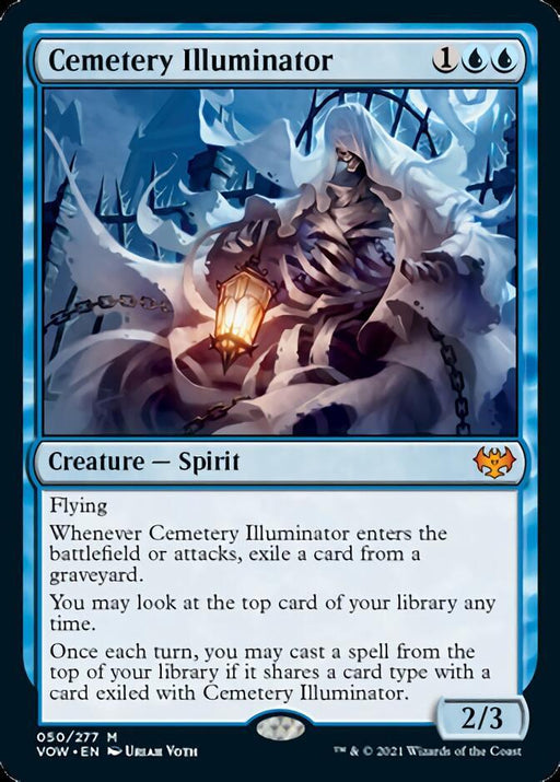 The image shows the Magic: The Gathering product Cemetery Illuminator [Innistrad: Crimson Vow]. It features a ghostly figure holding a glowing lantern against a blue border. Costing 1 blue and 2 colorless mana, this Creature — Spirit has flying and abilities detailed in the card text. It boasts a power and toughness of 2/3, with collector number