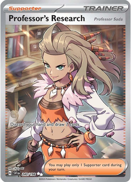 A Pokémon trading card named "Professor's Research (240/198) [Scarlet & Violet: Base Set]" from the Pokémon brand features Professor Sada, a confident woman with long brown hair decorated with beads and clips. Donning a white lab coat with a fur collar over an orange outfit, she stands before wooden shelves filled with books and ancient tools. This card is also a Secret Rare!