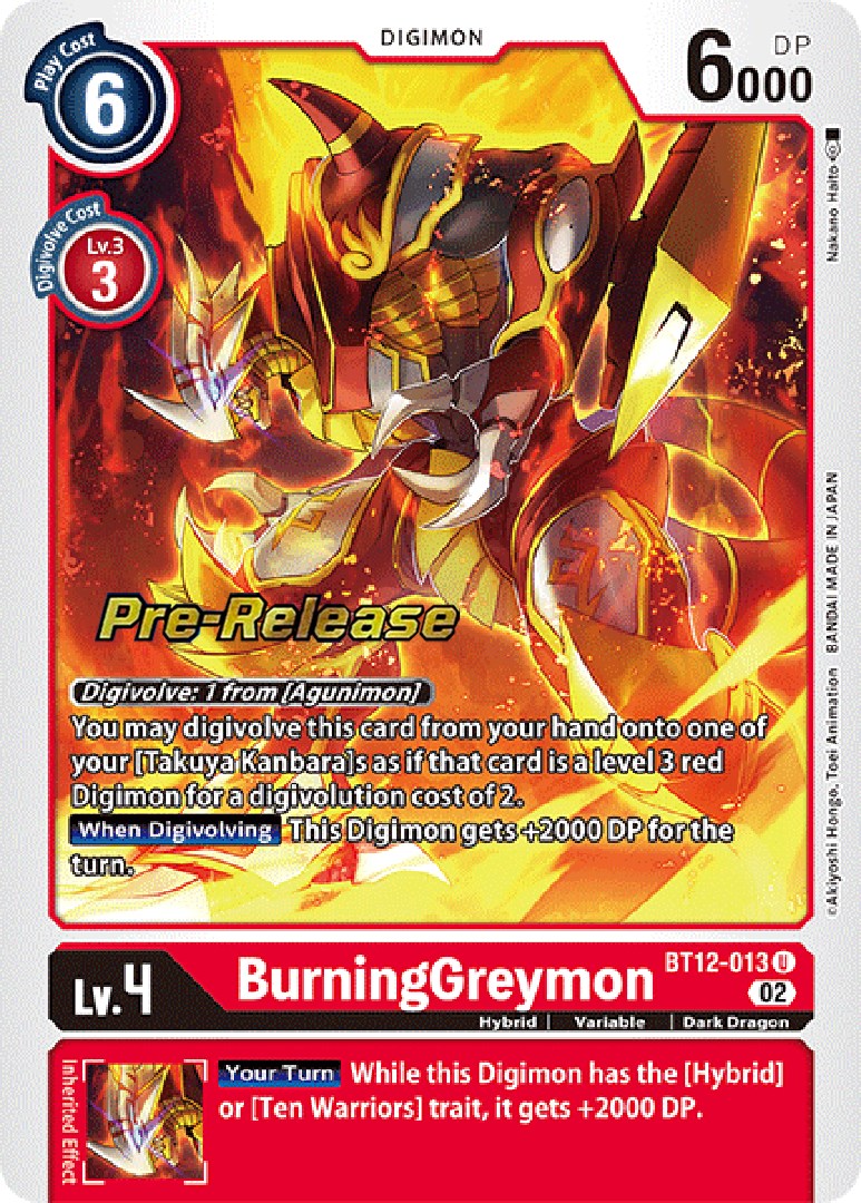 The BurningGreymon [BT12-013] card from the Digimon 