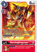 The BurningGreymon [BT12-013] card from the Digimon "Across Time" Pre-Release series features a captivating red and orange fiery design of the Dark Dragon. This Level 4 card has a play cost of 6 and offers 6000 DP, along with special abilities like "+2000 DP for Hybrid/Ten Warriors" traits.