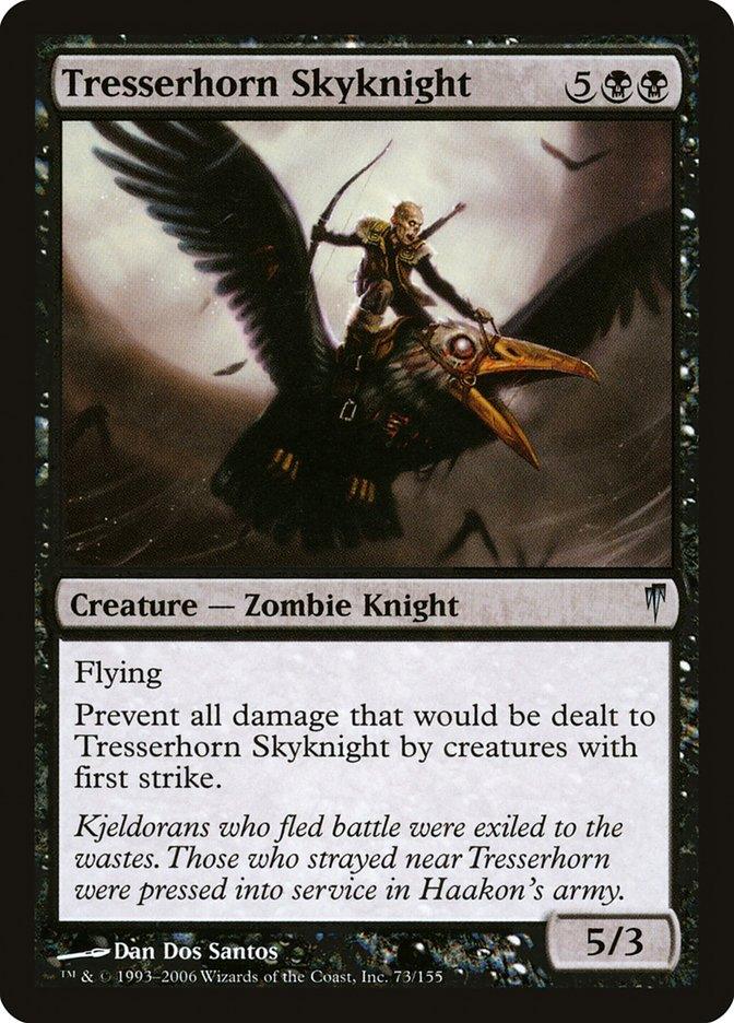 The \"Tresserhorn Skyknight [Coldsnap]\" card from Magic: The Gathering features a terrifying Zombie Knight riding a skeletal bird against a foreboding sky. With stats of 5/3, it excels in flying and negating damage from creatures that have first strike.