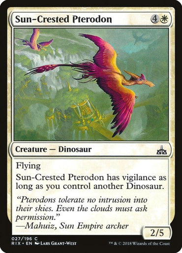 The Magic: The Gathering product titled Sun-Crested Pterodon [Rivals of Ixalan] depicts a flying, orange Dinosaur with pink-tipped wings soaring over a mountainous landscape. Below the image, it's noted that it has vigilance if you control another Dinosaur. Flavour text mentions "intrusion into their skies.