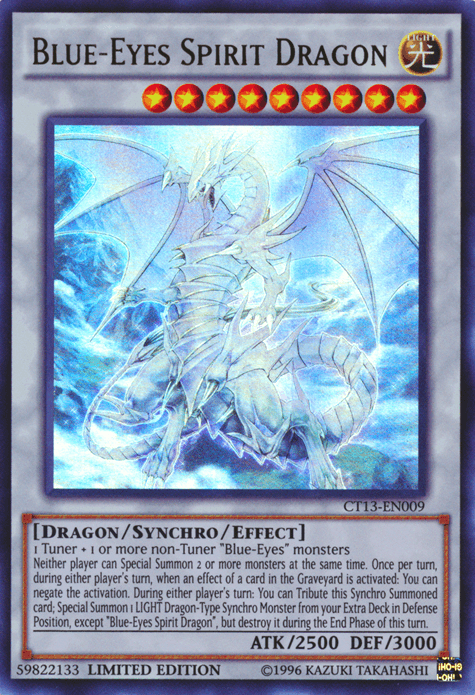 A Yu-Gi-Oh! card titled "Blue-Eyes Spirit Dragon [CT13-EN009] Ultra Rare." This Ultra Rare Level 9 Synchro/Effect Monster features a glowing, ethereal dragon with bright blue eyes, surrounded by an aura of light. With 2500 ATK and 3000 DEF, its white and light blue color scheme complements the detailed card text describing its effects.
