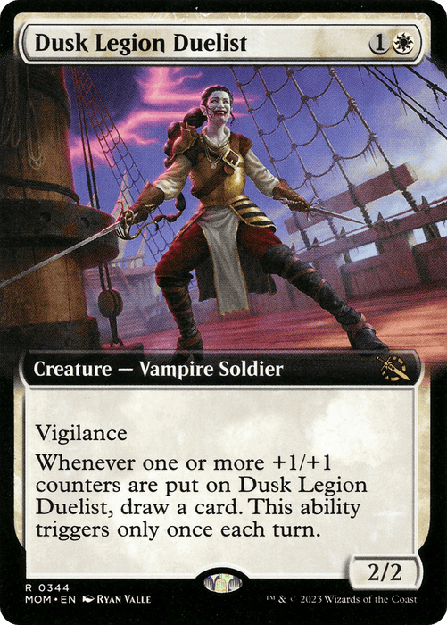 A Magic: The Gathering card titled "Dusk Legion Duelist (Extended Art) [March of the Machine]," a Rare Creature — Vampire Soldier, wielding a sword on the deck of a ship with sails. This vigilant character gains a card when +1/+1 counters are added, but only once per turn. It has power/toughness 2/2 and costs 1W to cast.