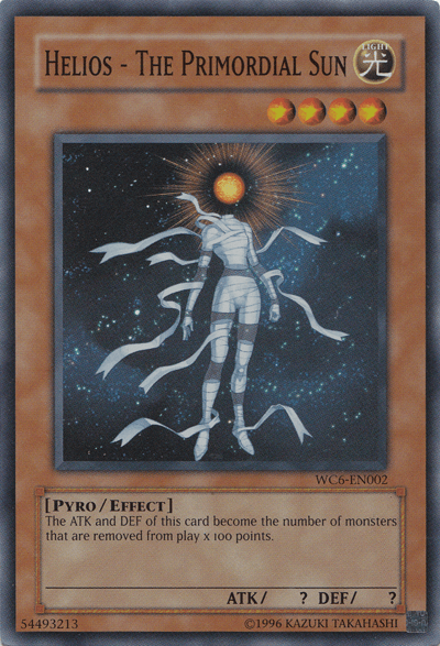A Yu-Gi-Oh! trading card titled "Helios - The Primordial Sun [WC6-EN002] Super Rare" features a celestial figure with golden rays emitting from its head, wearing white wraps against a starry space background. This Effect Monster's text box details its Pyro ability that affects ATK and DEF based on removed monsters, reminiscent of the Ultimate Masters era.