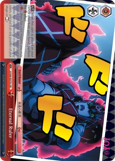 A card from a collectible card game featuring a character named "Eternal Ruler (JJ/S66-E070J JJR) [JoJo's Bizarre Adventure: Golden Wind]." The character wears dark armor with red accents and has glowing blue eyes. The background is illuminated with vibrant pink and blue lightning reminiscent of JoJo's Bizarre Adventure. The card, number 101, includes game instructions in a box by Bushiroad.