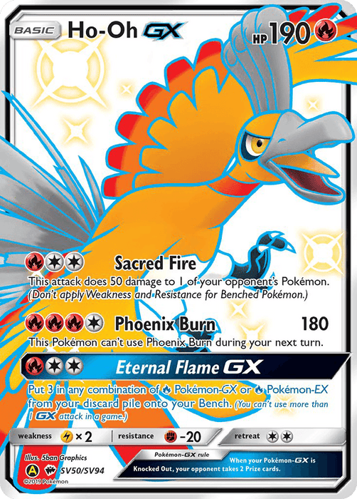 An image of a Ho-Oh GX (SV50/SV94) [Sun & Moon: Hidden Fates - Shiny Vault] Pokémon card from the Shiny Vault collection. Ho-Oh, a colorful bird Pokémon, dominates the illustration. With 190 HP, it boasts three attacks: Sacred Fire, Phoenix Burn, and Eternal Flame GX. It's an Ultra Rare card with a weakness to water, resistance to fighting, and a retreat cost of two energy.