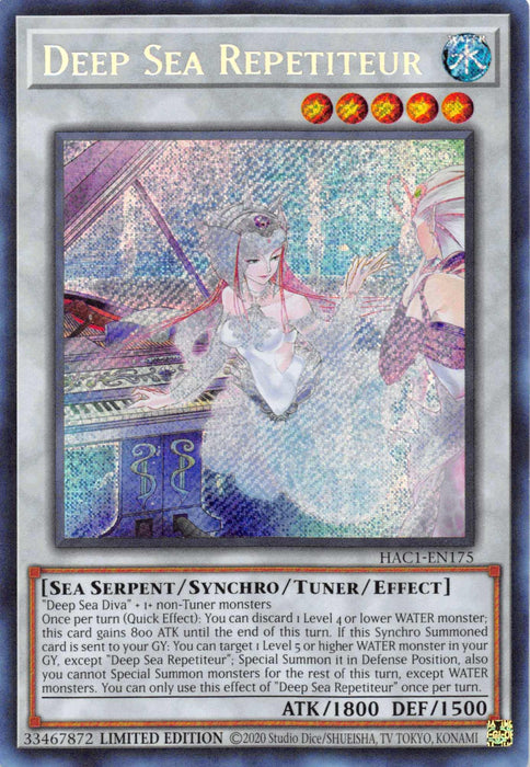 A Yu-Gi-Oh! trading card titled "Deep Sea Repetiteur [HAC1-EN175] Secret Rare" showcases an ethereal, aquatic-themed design with a serene female figure playing a harp underwater. The card text details it as a "Sea Serpent/Synchro/Tuner/Effect" monster with 1800 ATK and 1500 DEF.