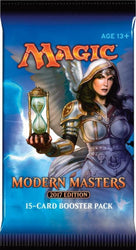 Introducing the "Modern Masters 2017 - Booster Pack" by Magic: The Gathering. Featuring packaging that depicts a woman adorned in armor with an hourglass against a backdrop of blue lightning, this 15-card booster pack is ideal for Magic card enthusiasts aged 13 and older.