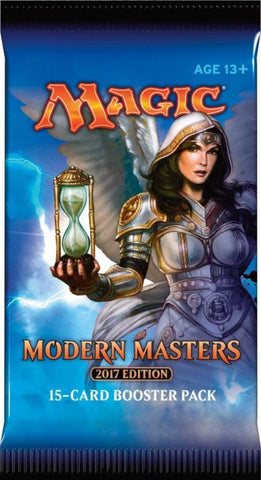 Introducing the "Modern Masters 2017 - Booster Pack" by Magic: The Gathering. Featuring packaging that depicts a woman adorned in armor with an hourglass against a backdrop of blue lightning, this 15-card booster pack is ideal for Magic card enthusiasts aged 13 and older.