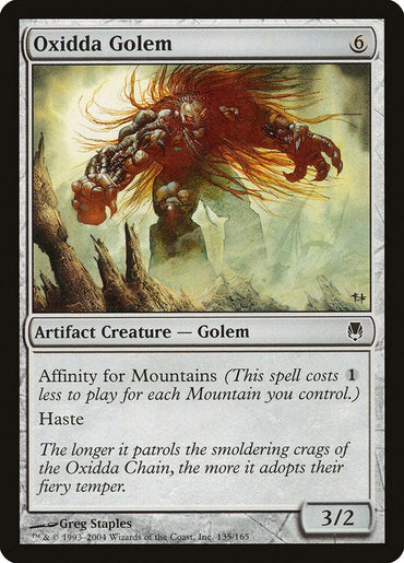 The Magic: The Gathering card "Oxidda Golem [Darksteel]" features a fiery golem on orange terrain. As an Artifact Creature, it costs 6 and has a power/toughness of 3/2. With Haste and Affinity for Mountains, its fiery demeanor matches its swiftness.