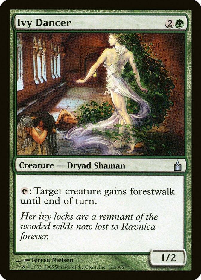 An "Magic: The Gathering" card titled Ivy Dancer [Ravnica: City of Guilds]. It features a Dryad Shaman woman with flowing ivy for hair, standing in an enchanted hallway with arched windows. She is depicted with one foot raised and surrounded by verdant foliage. The card text grants "forestwalk" to a creature. The power and toughness are 1/2.