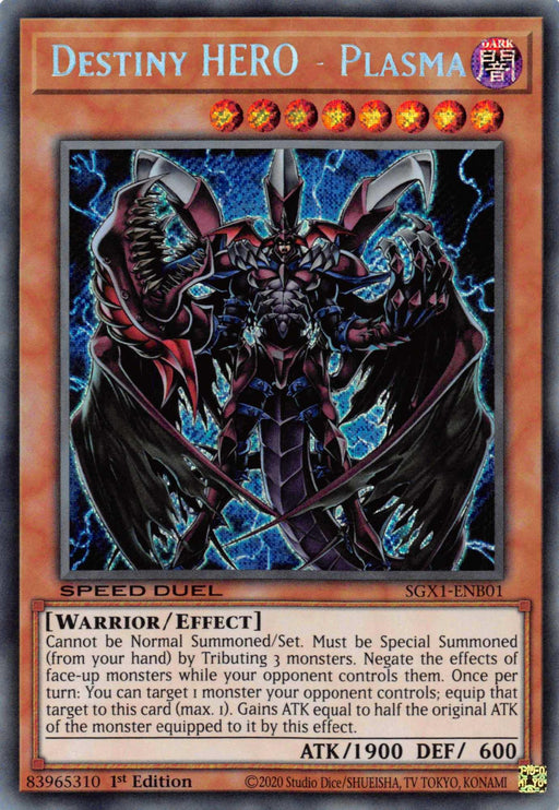 The image displays a "Destiny HERO - Plasma [SGX1-ENB01] Secret Rare" Yu-Gi-Oh! trading card. It's a dark-attribute Effect Monster with 1900 attack and 600 defense points. The character, a dark-armored warrior with bat-like wings and three glowing eyes across its chest, is part of the Speed Duel GX series and has specific summoning and effect conditions.