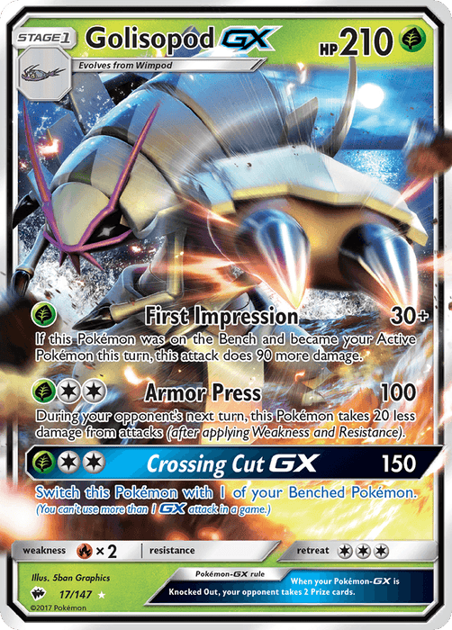 A Golisopod GX (17/147) [Sun & Moon: Burning Shadows] trading card from Pokémon featuring Golisopod GX with 210 HP. This ultra rare card showcases its abilities: "First Impression," "Armor Press," and "Crossing Cut GX." It includes stats, weaknesses, resistance, retreat cost, and vibrant artwork of the Grass-type Golisopod with a metallic exoskeleton.