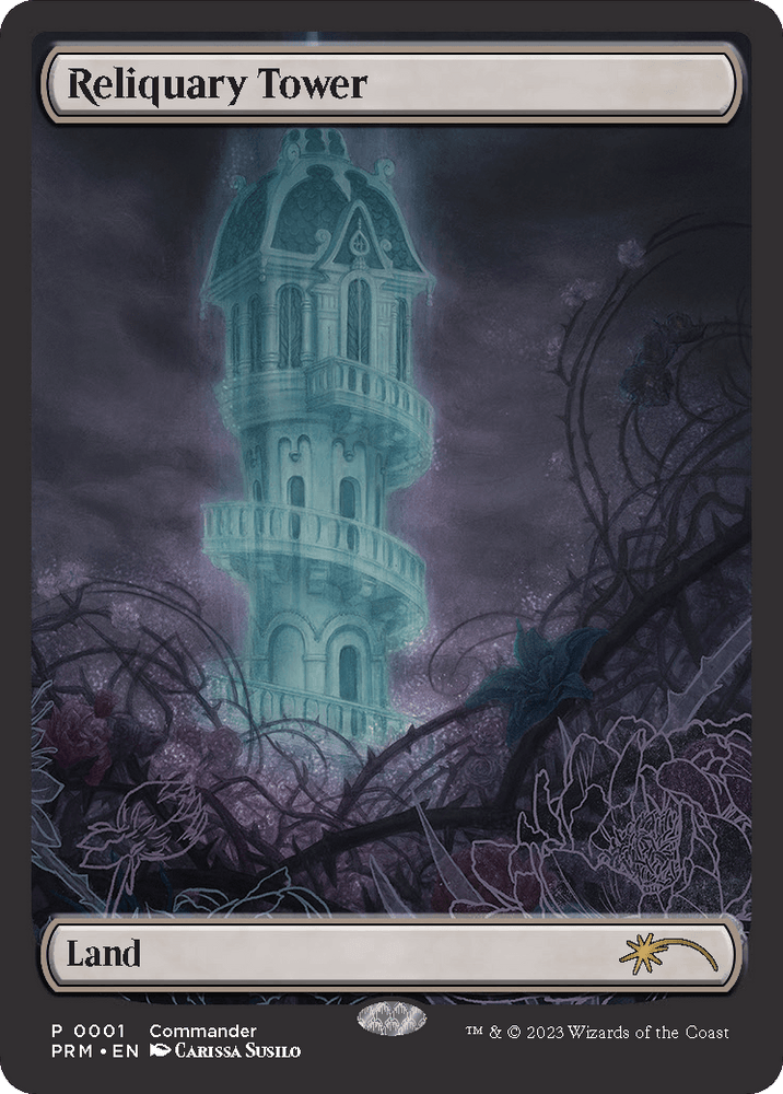 A Rare Land trading card titled "Reliquary Tower (Full Art) [MagicFest 2023]" from Magic: The Gathering features an ethereal, spiraling tower against a dark, eerie landscape. The tower glows with a ghostly light amidst bare, twisting branches and shadowy foliage. Labeled "Land" at the bottom, it also commemorates MagicFest 2023 and includes card details below.