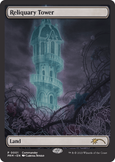 A Rare Land trading card titled "Reliquary Tower (Full Art) [MagicFest 2023]" from Magic: The Gathering features an ethereal, spiraling tower against a dark, eerie landscape. The tower glows with a ghostly light amidst bare, twisting branches and shadowy foliage. Labeled "Land" at the bottom, it also commemorates MagicFest 2023 and includes card details below.