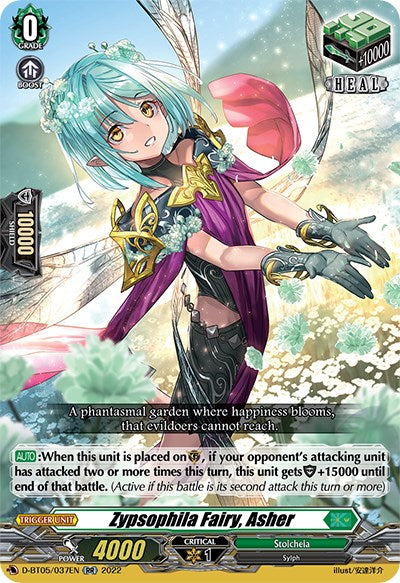 Introducing the "Zypsophila Fairy, Asher (D-BT05/037EN)" from Bushiroad's "Triumphant Return of the Brave Heroes" set. This fantasy card showcases a sylph fairy with teal hair and green eyes, complete with pointed ears and butterfly-like wings. She is adorned in an elaborate outfit with armor. As a Double Rare card, it features an impressive power of 4000 and includes two unique abilities.