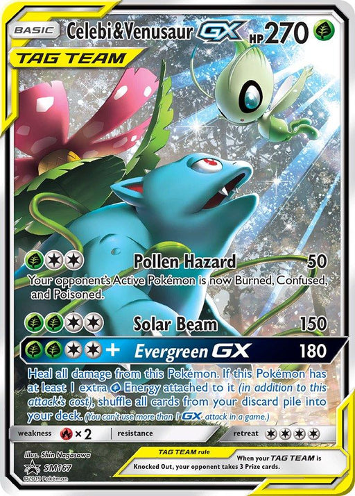 A Pokémon trading card featuring Celebi and Venusaur as a Tag Team with 270 HP. Celebi is floating while Venusaur stands amid foliage, representing the Grass type. The holographic card from the Sun & Moon series includes attacks like Pollen Hazard, Solar Beam, and Evergreen GX, with yellow borders. The product is called Celebi & Venusaur GX (SM167) [Sun & Moon: Black Star Promos] by Pokémon.