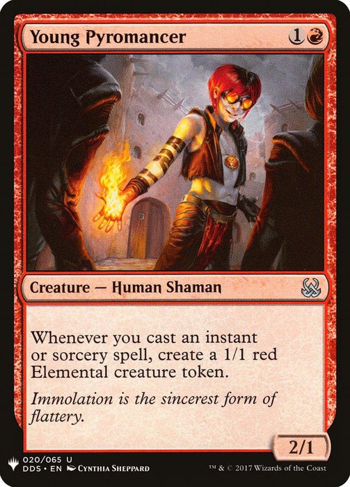 Image of a Magic: The Gathering card titled "Young Pyromancer [Mystery Booster]." This Human Shaman costs 1 red and 1 generic mana. It's a 2/1 creature depicted as a red-clad figure holding a fiery orb, able to create a 1/1 red Elemental token when a spell is cast. Illustration by Cynthia Sheppard.