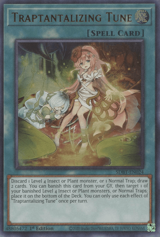 The image displays a Yu-Gi-Oh! spell card named Traptantalizing Tune [SDBT-EN024] Ultra Rare. The artwork features a pink-haired fairy playing a harp while a figure in green, resembling an insect or plant, listens intently. The card text details its effect of discarding and drawing cards involving Insect or Plant monsters or Trap cards.