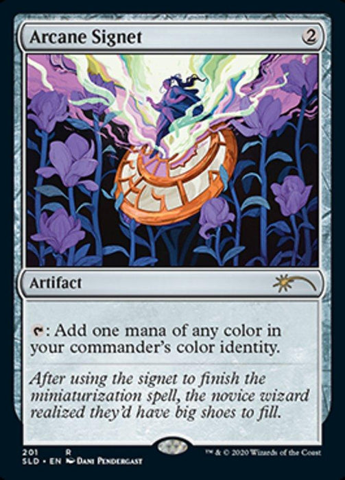 A Magic: The Gathering card titled "Arcane Signet (201) [Secret Lair Drop Series]." It shows an ornate signet with mystical energy emanating from it, surrounded by vibrant purple flowers. This rare card costs 2 mana, is an artifact, and has an effect of adding one mana of any color in your commander's color identity.