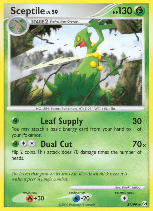 A Pokémon Sceptile (31/99) [Platinum: Arceus] from Pokémon featuring the rare Grass-type Sceptile. The card is bordered in yellow and depicts the green, lizard-like Sceptile with red accents standing amid a forest. It has 130 HP and two attacks: Leaf Supply (30 damage) and Dual Cut (70x damage). Additional info includes retreat cost, type, and resistance.