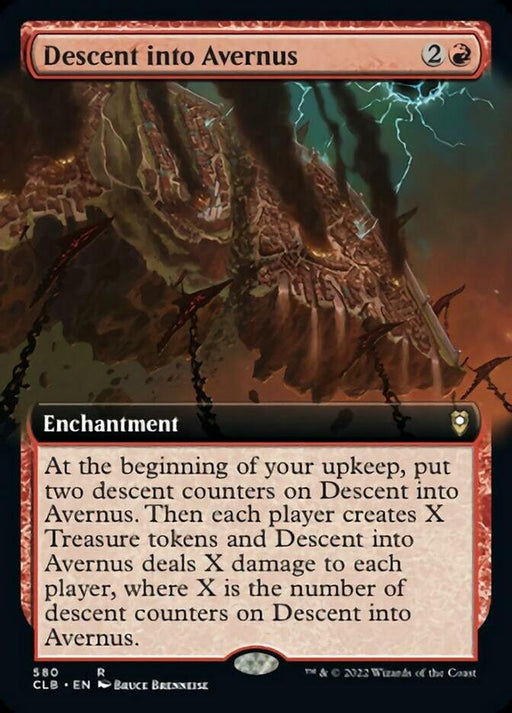 A Magic: The Gathering card titled "Descent into Avernus (Extended Art) [Commander Legends: Battle for Baldur's Gate]" from Commander Legends. The black and red bordered card features a menacing creature emerging from a fiery background. As a rare enchantment, it enables players to create treasure tokens and take damage during their upkeep. Cost is 2 and a red mana.