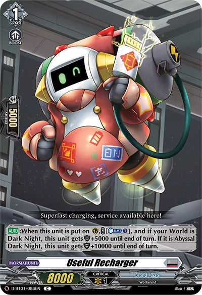 A card from the Bushiroad brand's "Genesis of the Five Greats" series, featuring "Useful Recharger" (D-BT01/086EN), a Workeroid robot holding a charging cable and a battery pack, decorated with multiple plug icons. This Grade 1 card has Power 8000, Shield 5000, and Critical 1, with card text detailing power boosts under certain conditions.