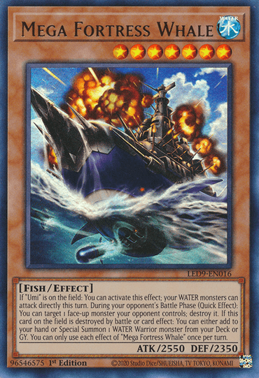 Image of a Yu-Gi-Oh! trading card titled "Mega Fortress Whale [LED9-EN016] Ultra Rare." The card depicts a gigantic whale-shaped battleship on rough seas, firing cannons with large explosions. The dark, stormy background enhances the drama. This Fish/Effect Monster boasts ATK 2550 and DEF 2350.