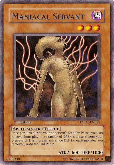 A Yu-Gi-Oh! trading card titled "Maniacal Servant [LODT-EN085] Rare." The card depicts a mysterious, humanoid creature with a pale, textured body and a large, closed eye where its face should be. Electrical tendrils snake out from its back. Labeled as a 1st Edition DARK Spellcaster/Effect monster with ATK 600 and DEF 1000.