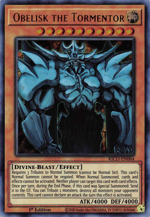 The image shows a Yu-Gi-Oh! trading card named "Obelisk the Tormentor (Ultra Pharaoh's Rare) [KICO-EN064] Ultra Pharaoh's Rare." It features a menacing, muscular blue creature with large wings and sharp claws. The card's text details its powerful abilities and requirements. The creature's stats are ATK/4000 and DEF/4000. It's a 1st Edition Effect.
