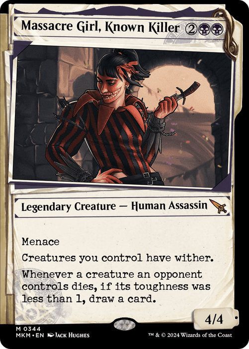 A Magic: The Gathering card titled "Massacre Girl, Known Killer (Showcase) [Murders at Karlov Manor]." The mythic card shows a sinister woman in a black and red striped outfit, holding a dagger, amidst a dimly lit room. Text reads: "Legendary Creature — Human Assassin, Menace, creatures you control have wither. Whenever a creature an opponent controls dies, if its toughness was less than 1,