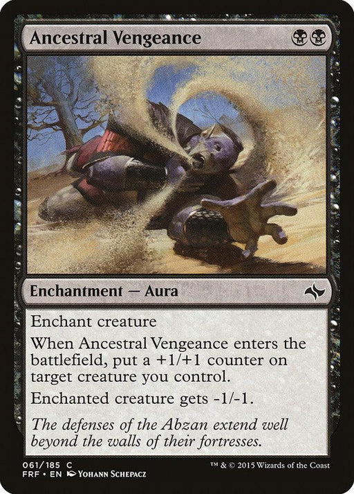 Magic: The Gathering card titled "Ancestral Vengeance [Fate Reforged]," part of the Magic: The Gathering set. The card depicts a humanoid creature, overwhelmed by swirling sand or dust in a desert setting, with a distressed expression. Adorned with a black border, it includes game text detailing its Enchantment Aura effect and artist credit.