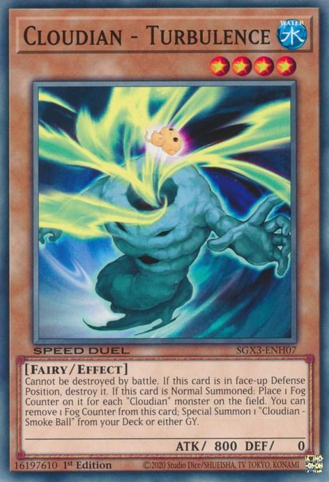 A Yu-Gi-Oh! trading card featuring "Cloudian - Turbulence [SGX3-ENH07] Common" from the Speed Duel GX series. The card depicts a swirling blue and green cloud-like creature with arms emerging from the vortex. As a Fairy/Effect monster with 800 ATK and 0 DEF, it utilizes Fog Counters for its special abilities.