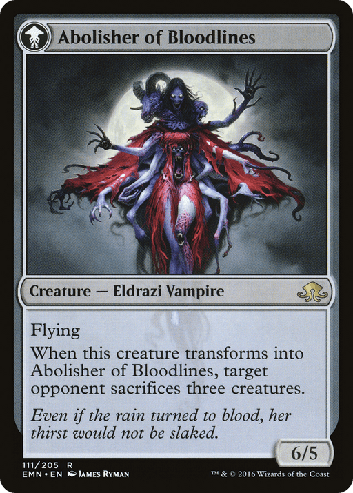 The image shows the Magic: The Gathering card "Voldaren Pariah // Abolisher of Bloodlines [Secret Lair: From Cute to Brute]," a Secret Lair exclusive featuring the Voldaren Pariah, a female Vampire Horror with multiple arms and wings, surrounded by misty and shadowy figures. The card text states it has flying and causes an opponent to sacrifice three creatures when it transforms.