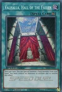The image shows a Yu-Gi-Oh! trading card titled "Valhalla, Hall of the Fallen (Secret) [SBCB-EN141] Secret Rare." It is a Continuous Spell Card with a blue border. The card depicts a grand hall with a red carpet leading to a throne containing a statue. Sunlight streams through a skylight, and the text details the card's special summoning effect.
