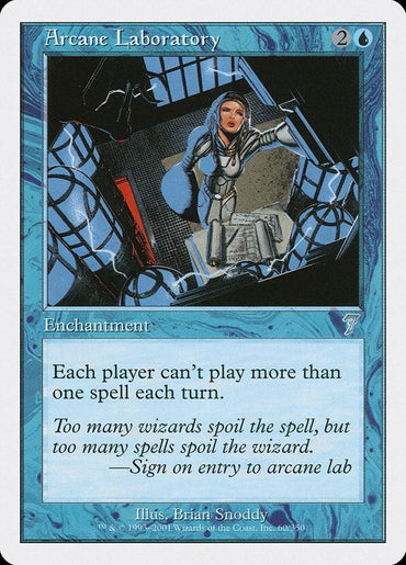 Arcane Laboratory [Seventh Edition]," a Magic: The Gathering card, depicts a female wizard with magical apparatus, costing two generic and one blue mana. The enchantment effect limits each player to casting only one spell per turn.