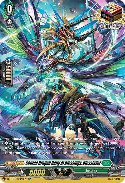 The "Source Dragon Deity of Blessings, Blessfavor (D-BT01/SP25EN) [Genesis of the Five Greats]" by Bushiroad is a fantastical trading card that features a majestic dragon adorned with shimmering scales and flowing, multicolored ethereal ribbons. As a Special Parallel card, it showcases detailed stats and effects including 5000 power, 1 critical, and special abilities described below the image.