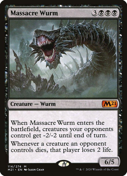 A Magic: The Gathering card from Core Set 2021 featuring "Massacre Wurm [Core Set 2021]." This 6/5 Phyrexian Wurm boasts a fearsome, coiled appearance with a wide-open mouth and multiple teeth. Its ability gives opposing creatures -2/-2 upon entering the battlefield, causing opponents to lose life when their creatures die.