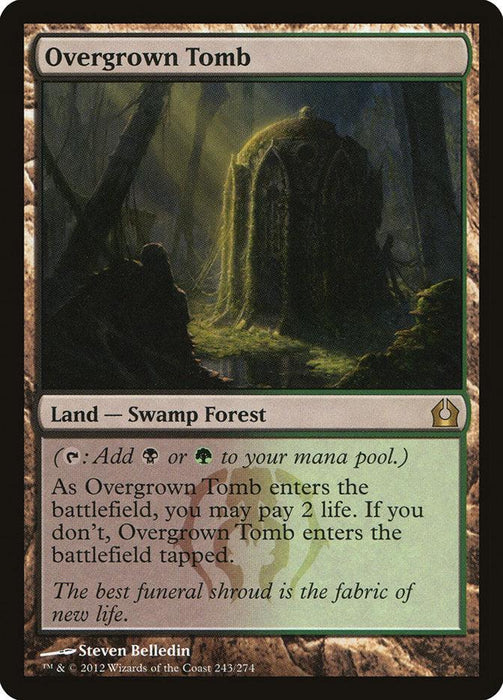 A Magic: The Gathering product titled "Overgrown Tomb [Return to Ravnica]" from the Return to Ravnica set. It depicts a dark, eerie swampland with a moss-covered tomb. As a Land - Swamp Forest, it produces black or green mana and can enter untapped if 2 life is paid; otherwise, it enters tapped.