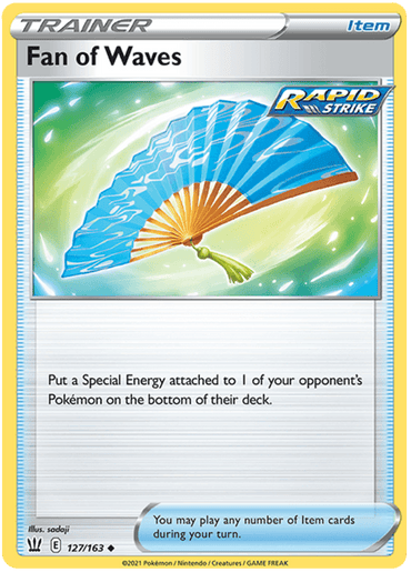 Image of an Uncommon Pokémon trading card named "Fan of Waves (127/163) [Sword & Shield: Battle Styles]" with a large blue and white fan illustration at the center. The card, part of the Sword & Shield: Battle Styles set, features a "Rapid Strike" label at the top right. The text reads, "Put a Special Energy attached to 1 of your opponent's Pokémon on the bottom of their deck.