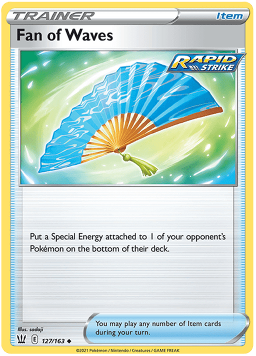 Image of an Uncommon Pokémon trading card named "Fan of Waves (127/163) [Sword & Shield: Battle Styles]" with a large blue and white fan illustration at the center. The card, part of the Sword & Shield: Battle Styles set, features a "Rapid Strike" label at the top right. The text reads, "Put a Special Energy attached to 1 of your opponent's Pokémon on the bottom of their deck.