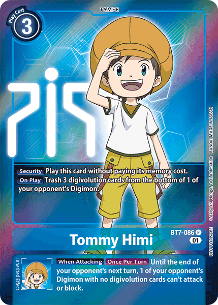 A unique digital card features a young boy named Tommy Himi, depicted smiling and wearing a yellow hat, white t-shirt, and shorts. He stands against a blue background with white text displaying his stats such as "Play Cost 3" and "Inherited Effect: Once Per Turn," highlighting his tamer abilities within the Digimon universe. The card is titled Tommy Himi [BT7-086] (Alternative Art - Box Topper) [Next Adventure].