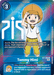 A unique digital card features a young boy named Tommy Himi, depicted smiling and wearing a yellow hat, white t-shirt, and shorts. He stands against a blue background with white text displaying his stats such as "Play Cost 3" and "Inherited Effect: Once Per Turn," highlighting his tamer abilities within the Digimon universe. The card is titled Tommy Himi [BT7-086] (Alternative Art - Box Topper) [Next Adventure].